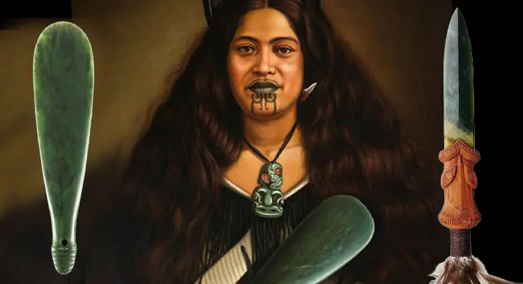 Painted portrait of a Māori woman with moko kauae wearing a hei tiki pendant, flanked by a pounamu mere and a pounamu blade