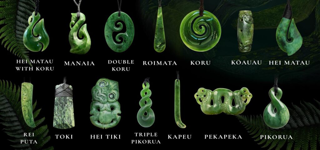 pounamu shapes and meanings chart showing koru, manaia, pikorua, toki and hei matau