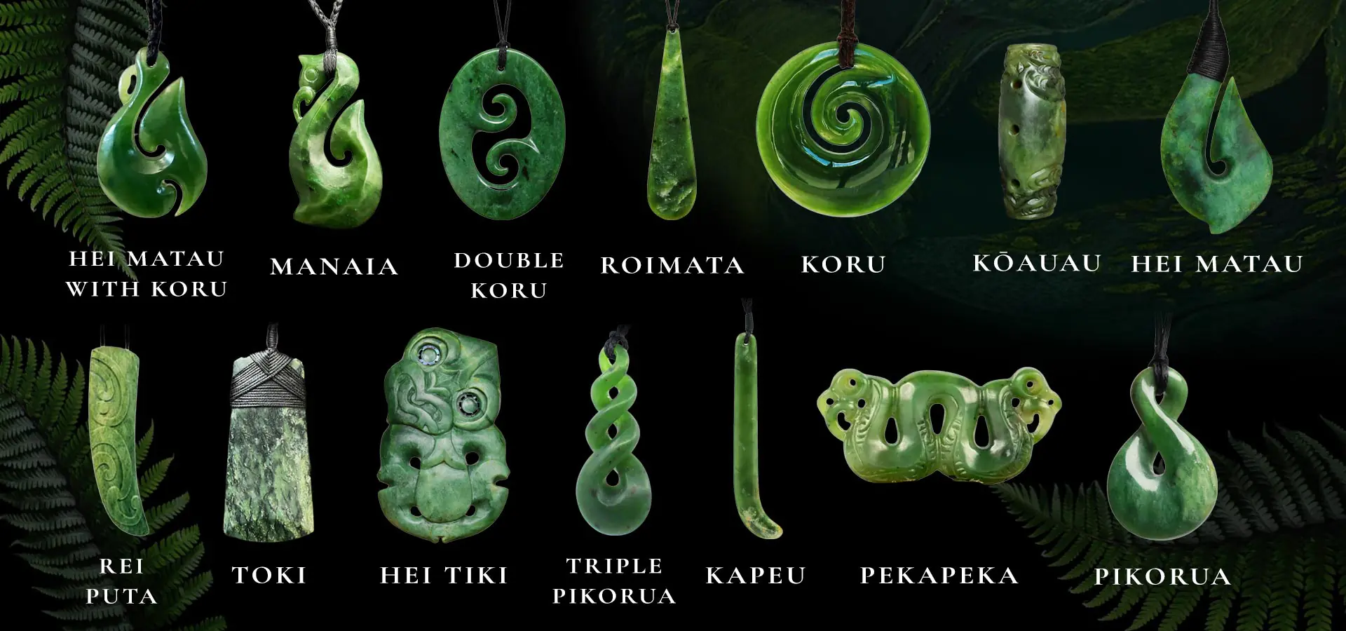 Grid of traditional pounamu pendant designs with names, including hei matau, manaia, koru, hei tiki, and pikorua