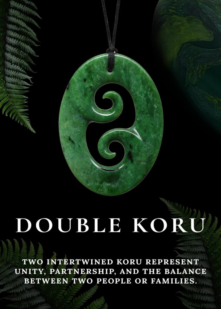 Double koru pounamu pendant meaning – Māori greenstone double spiral symbol of partnership and harmony