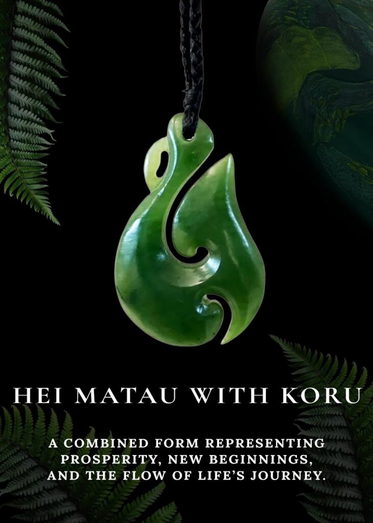 Hei matau koru pounamu pendant meaning – Māori greenstone fish hook with koru symbol of prosperity and new beginnings