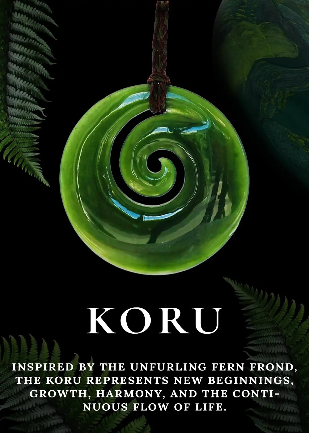 Koru pendant carved in green stone with a spiral form