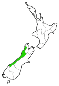 Map of New Zealand with the West Coast region highlighted