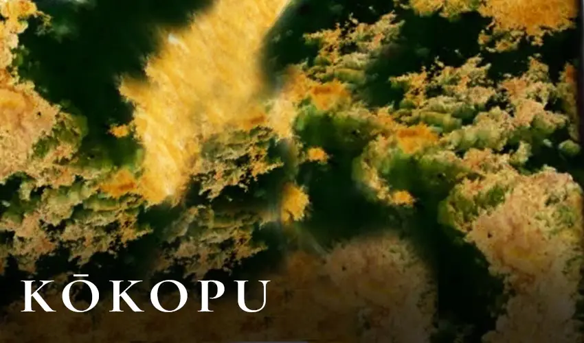 Kōkopu pounamu texture, speckled brown and green nephrite