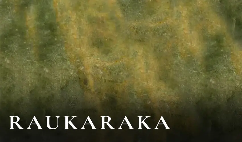 Raukaraka pounamu texture, green nephrite streaked with yellow and orange