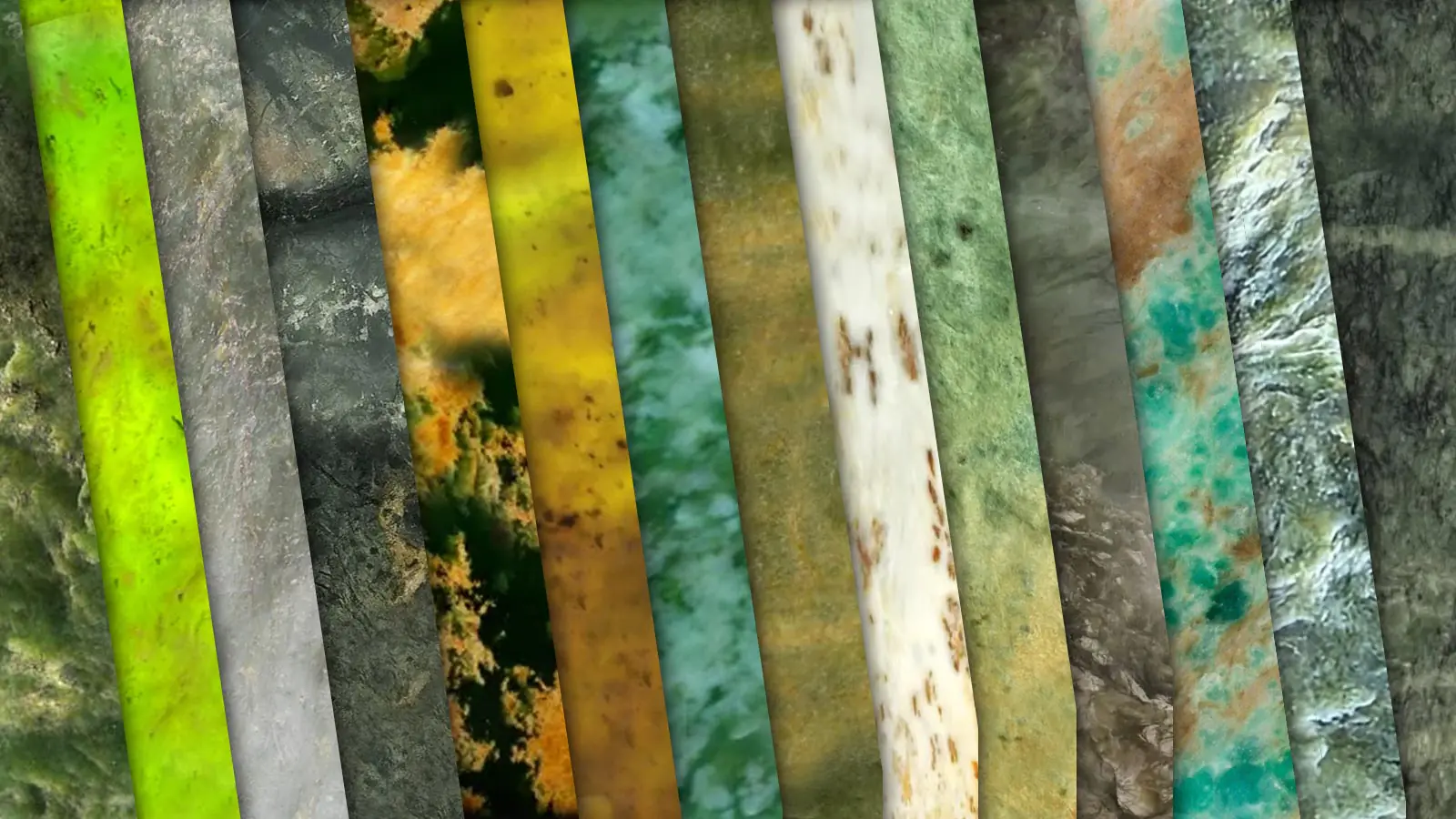 Polished slices of green stone in different colours and patterns, side by side