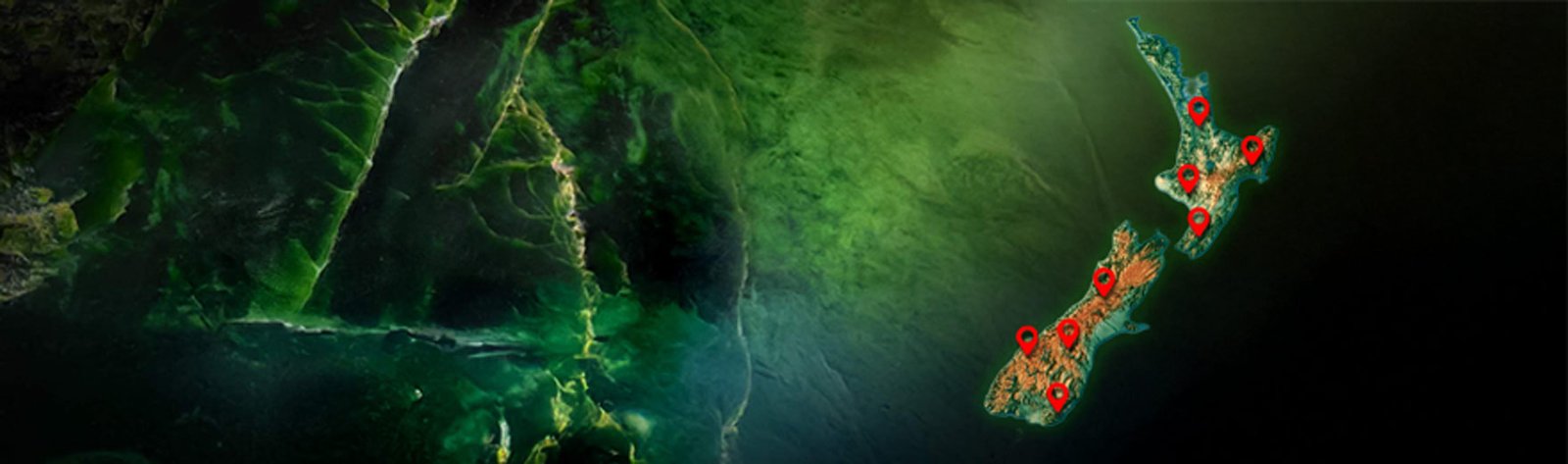Map of New Zealand with location pins marking pounamu carvers and galleries, over a dark green stone texture
