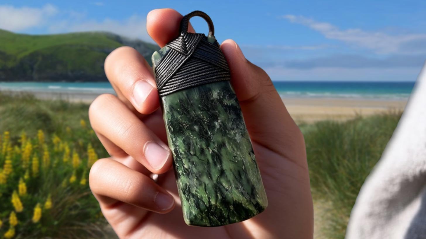 Man holding a pounamu toki necklace outdoors against a New Zealand landscape backdrop
