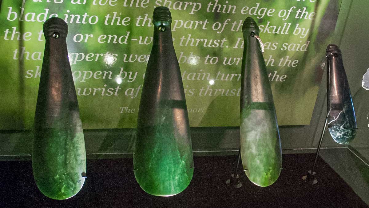 Mere pounamu on display at Hokitika museum, New Zealand