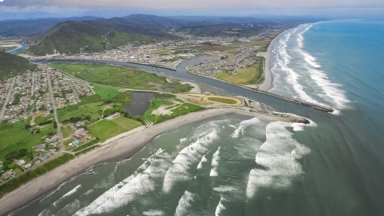 Greymouth river mouth on the West Coast of New Zealand's South Island, where pounamu is found
