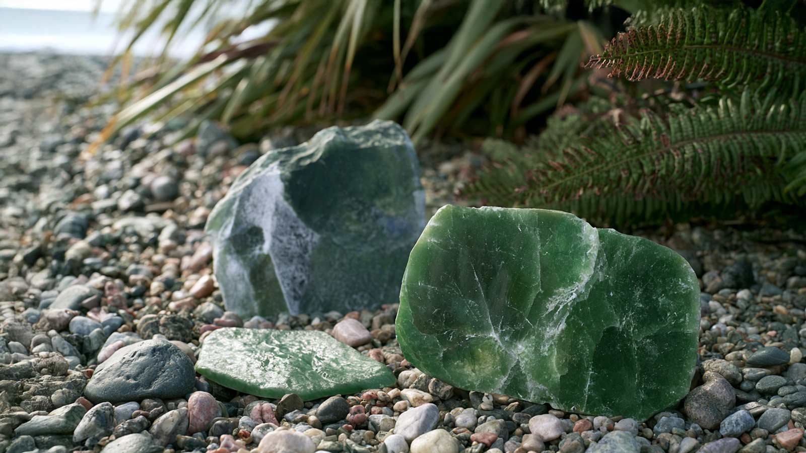 Raw, unpolished pounamu greenstone found among ordinary river stones in nature, New Zealand