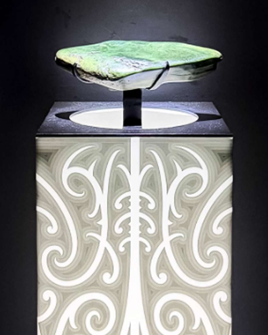 The pounamu gifted to the All Blacks, on display at the All Blacks Experience