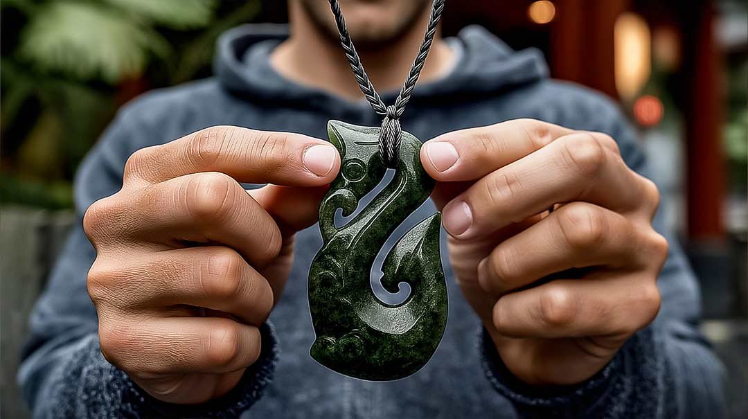 Man holding up a dark green hei matau pendant on a braided cord