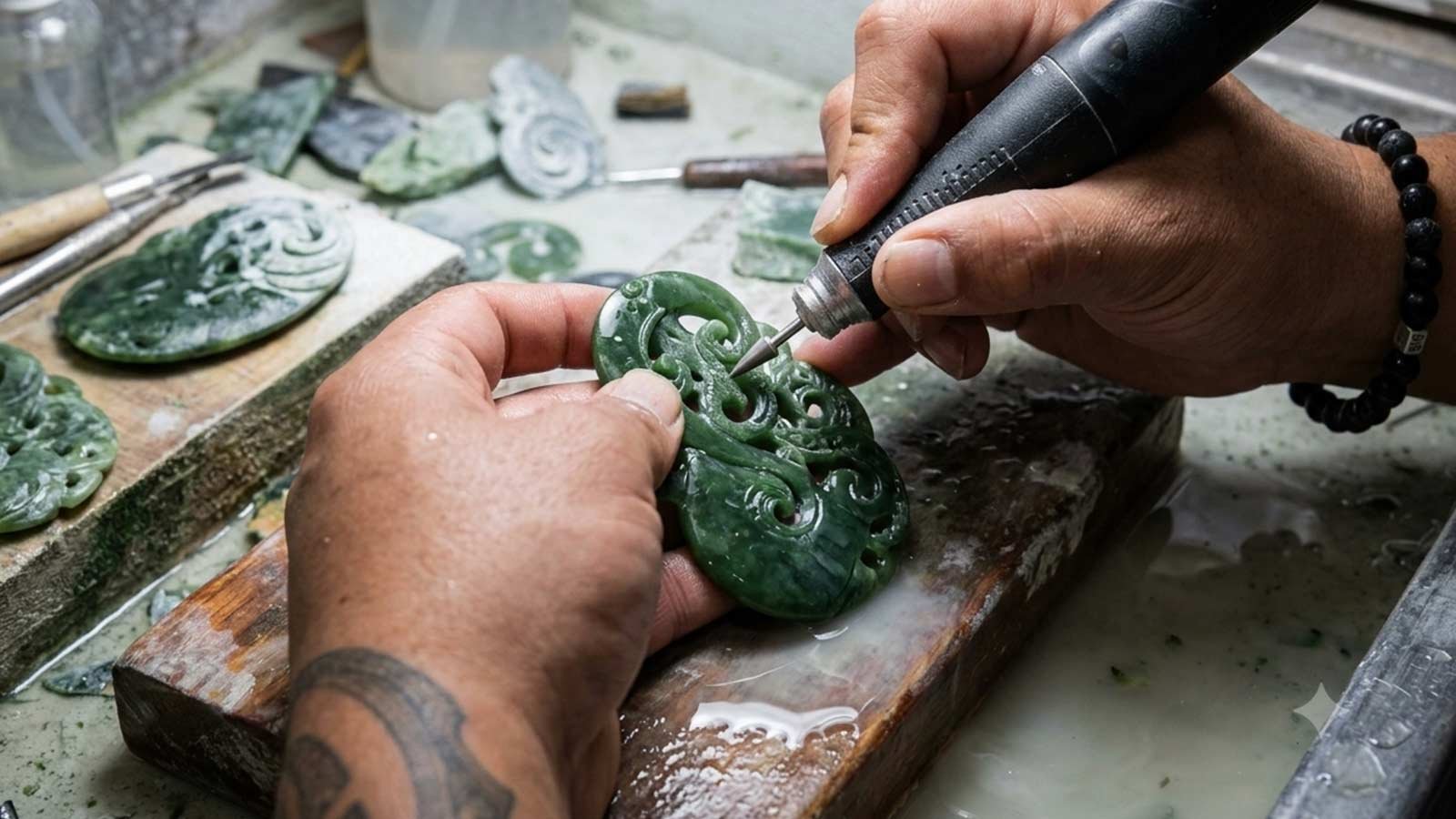 Carver shaping a pounamu greenstone piece by hand