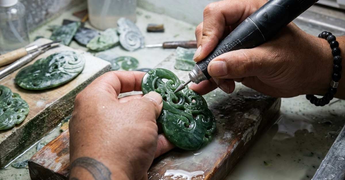 Carver's hands detailing a green stone pendant with a handheld rotary tool on a workshop bench