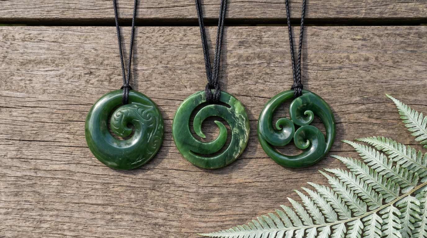 Koru, double koru and triple koru pounamu pendants side by side