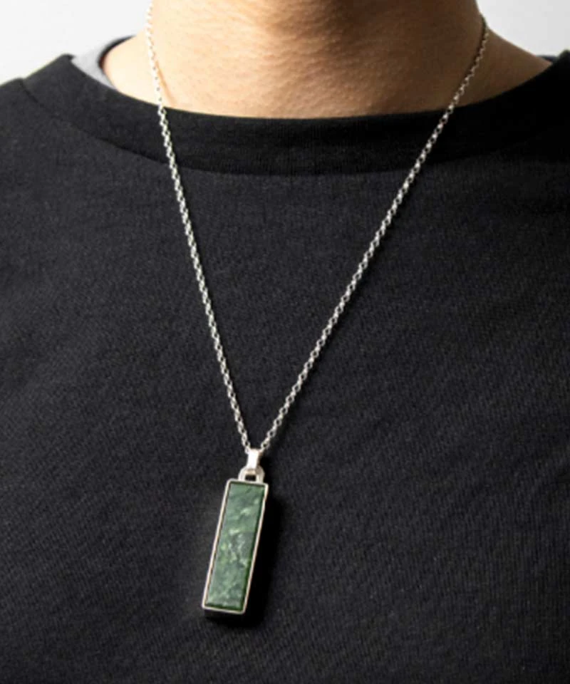 Rectangular green stone pendant set in silver on a silver chain, contemporary jewellery by Hannah Sheehan