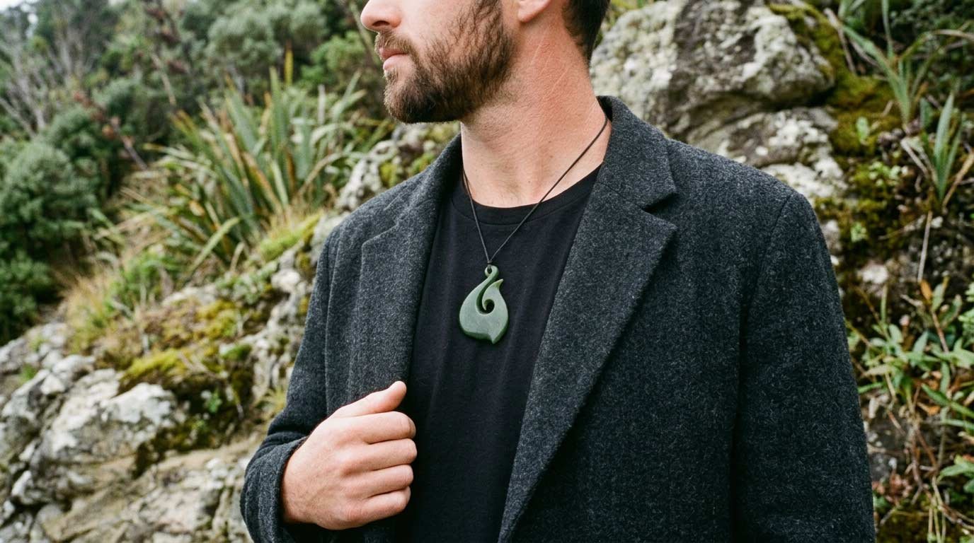 Man wearing a green stone hei matau fish hook pendant on a dark cord outdoors