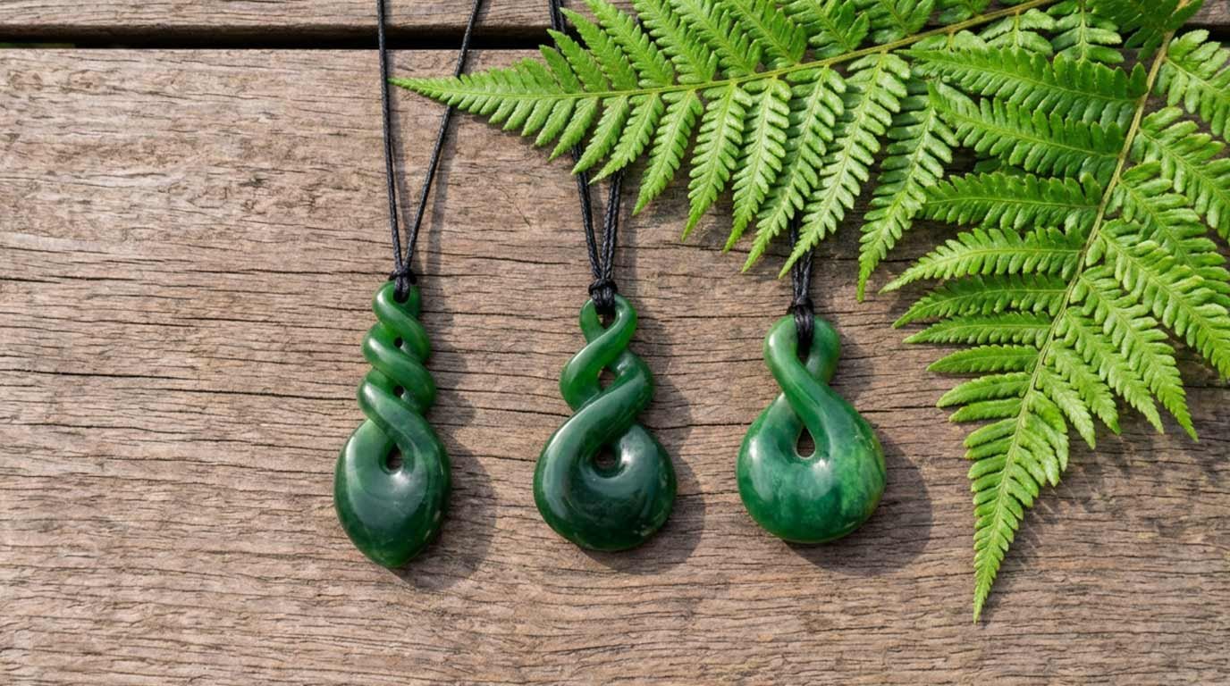 Single, double, and triple pikorua pounamu pendants side by side, showing the difference between each twist