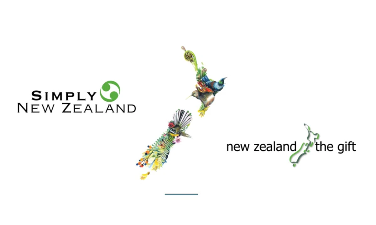 Simply New Zealand and New Zealand The Gift logos beside an illustrated map of New Zealand made of native birds and plants