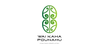 Wai Kaha Pounamu logo, a green koru design above the name and the words Every Piece Carries a Story