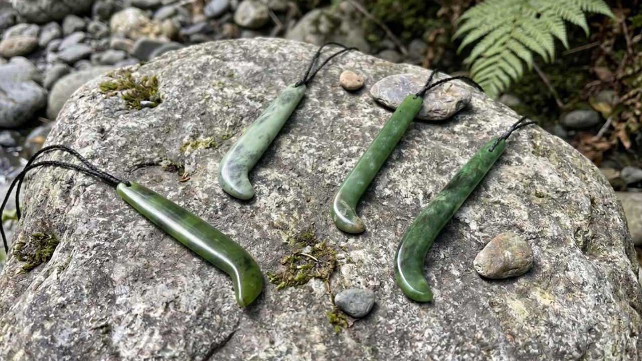 Kapeu pounamu greenstone necklaces, curved hook-form pendant design