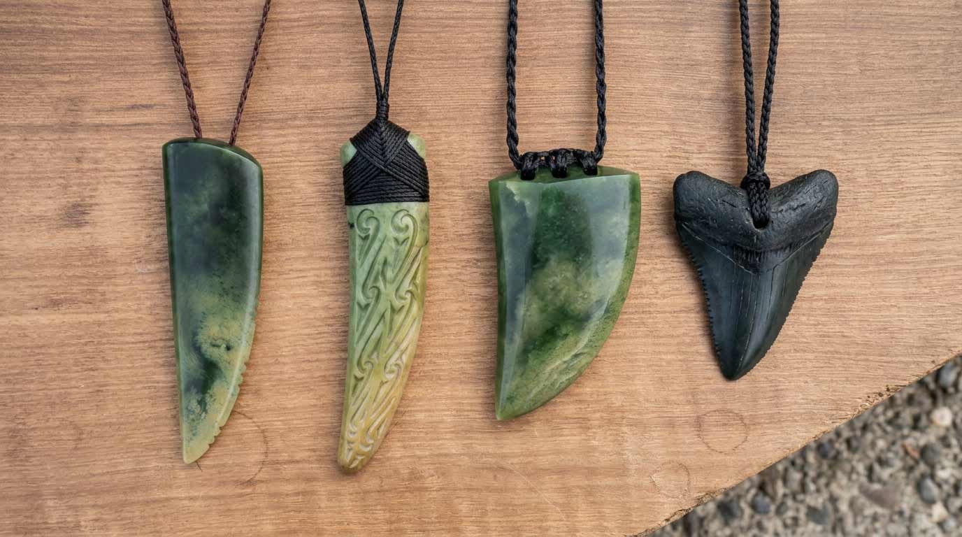 Three green stone niho tooth pendants, one carved with koru patterns, beside a black shark tooth pendant on a wooden board