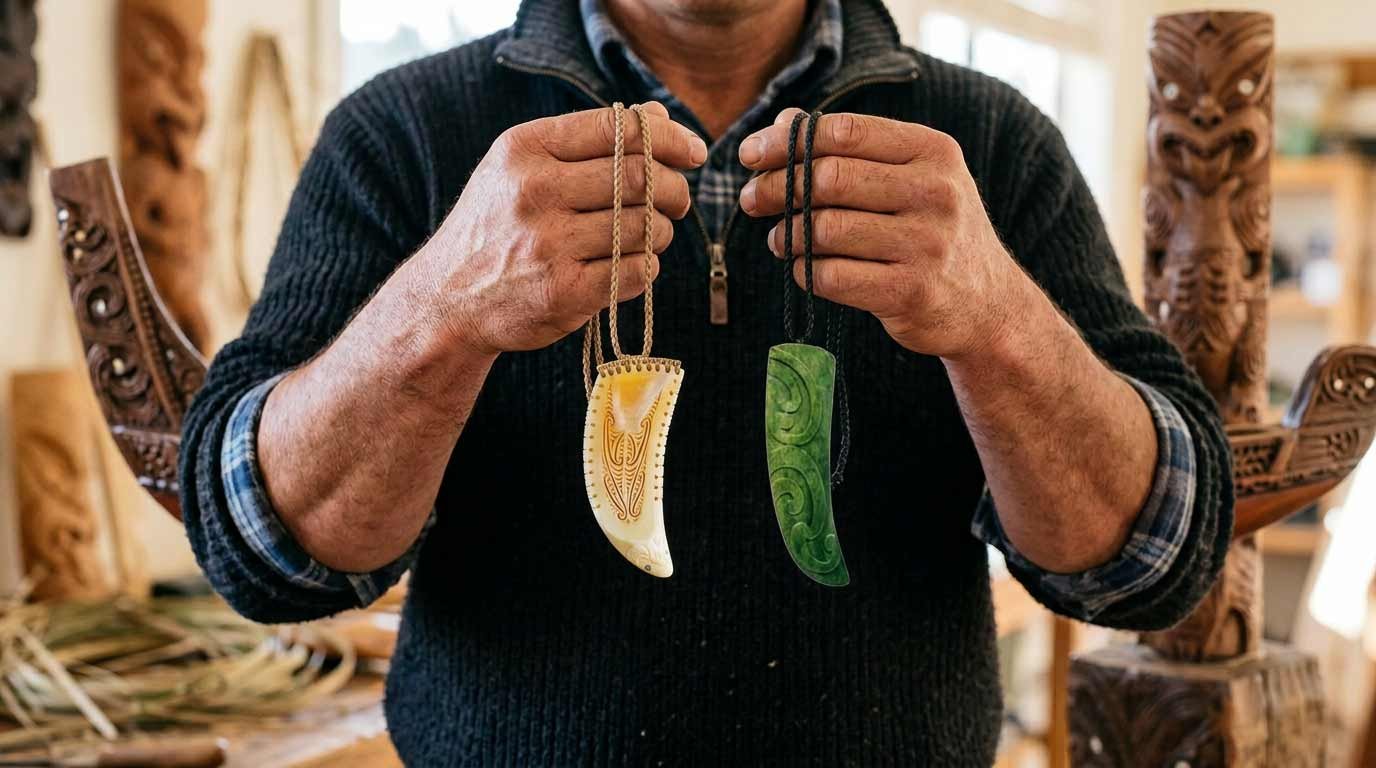 Person holding two carved rei puta pendants, one pale bone-coloured and one green pounamu, in a carving studio