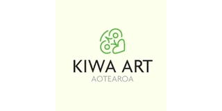 Kiwa Art Aotearoa logo, a green line emblem above dark Kiwa Art lettering on a cream background