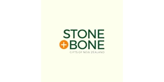 Stone and Bone logo, dark green lettering with an orange plus sign and the line Gifts of New Zealand