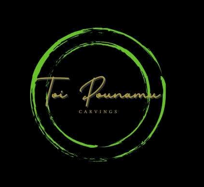 Toi Pounamu Carvings logo, gold script lettering inside a brushed green circle on black