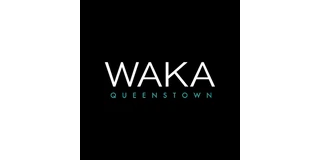Waka Queenstown logo, white Waka lettering with Queenstown in teal on black